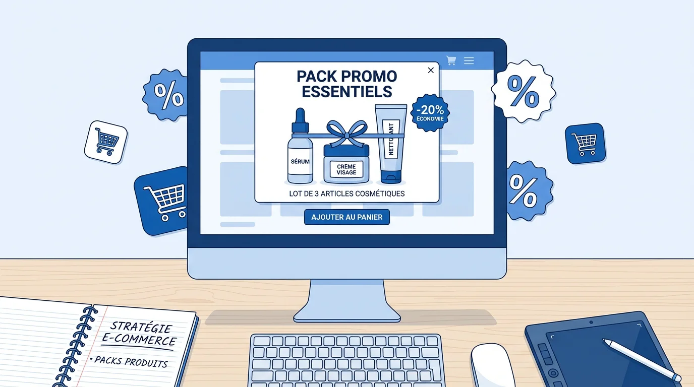 Illustration of an online store with products grouped into a bundle and discount icons