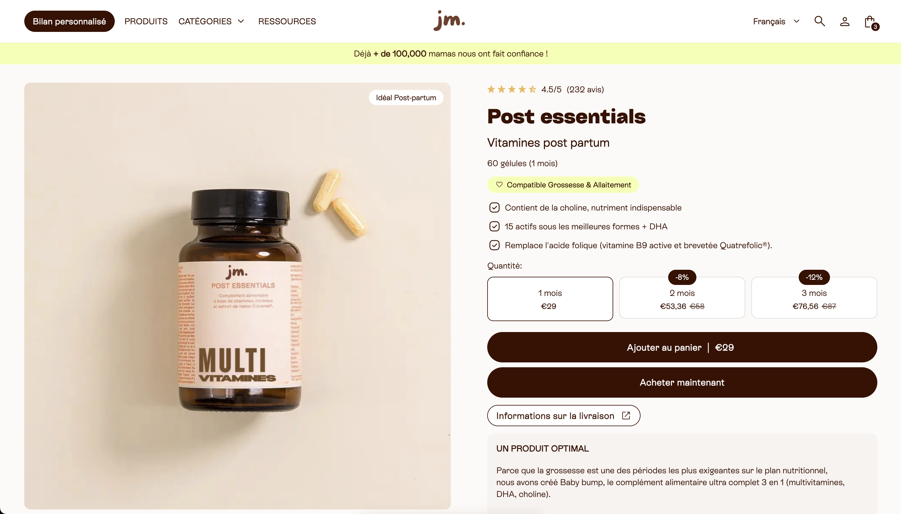 Flacon de vitamines post partum multi vitamines jm avec trois gélules à côté sur fond beige.