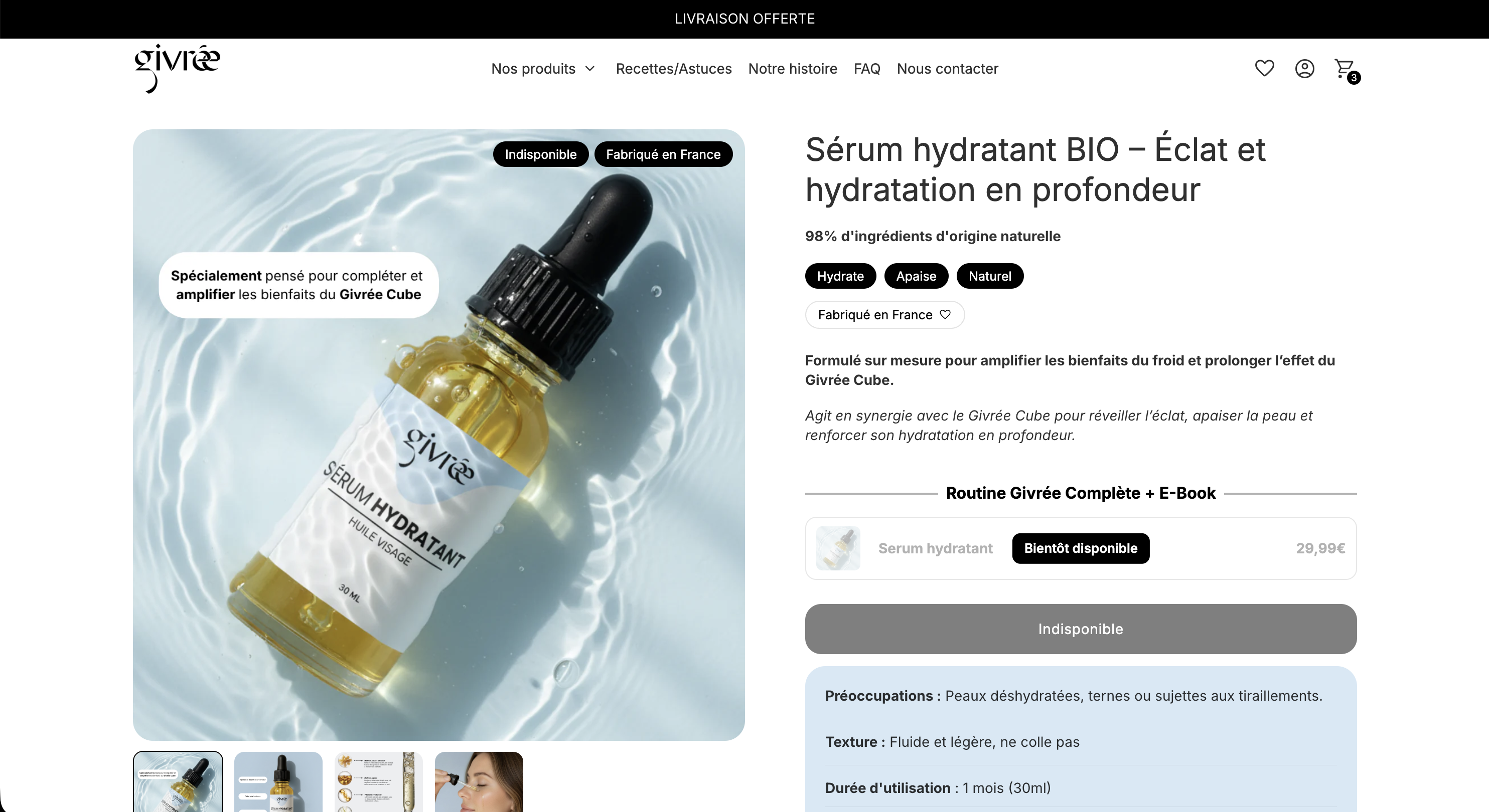 Section du site montrant des produits de fertilité avec une main tenant deux capsules, une bouteille de multivitamines, un pot de poudre de collagène et un pot de bouillon d'os.