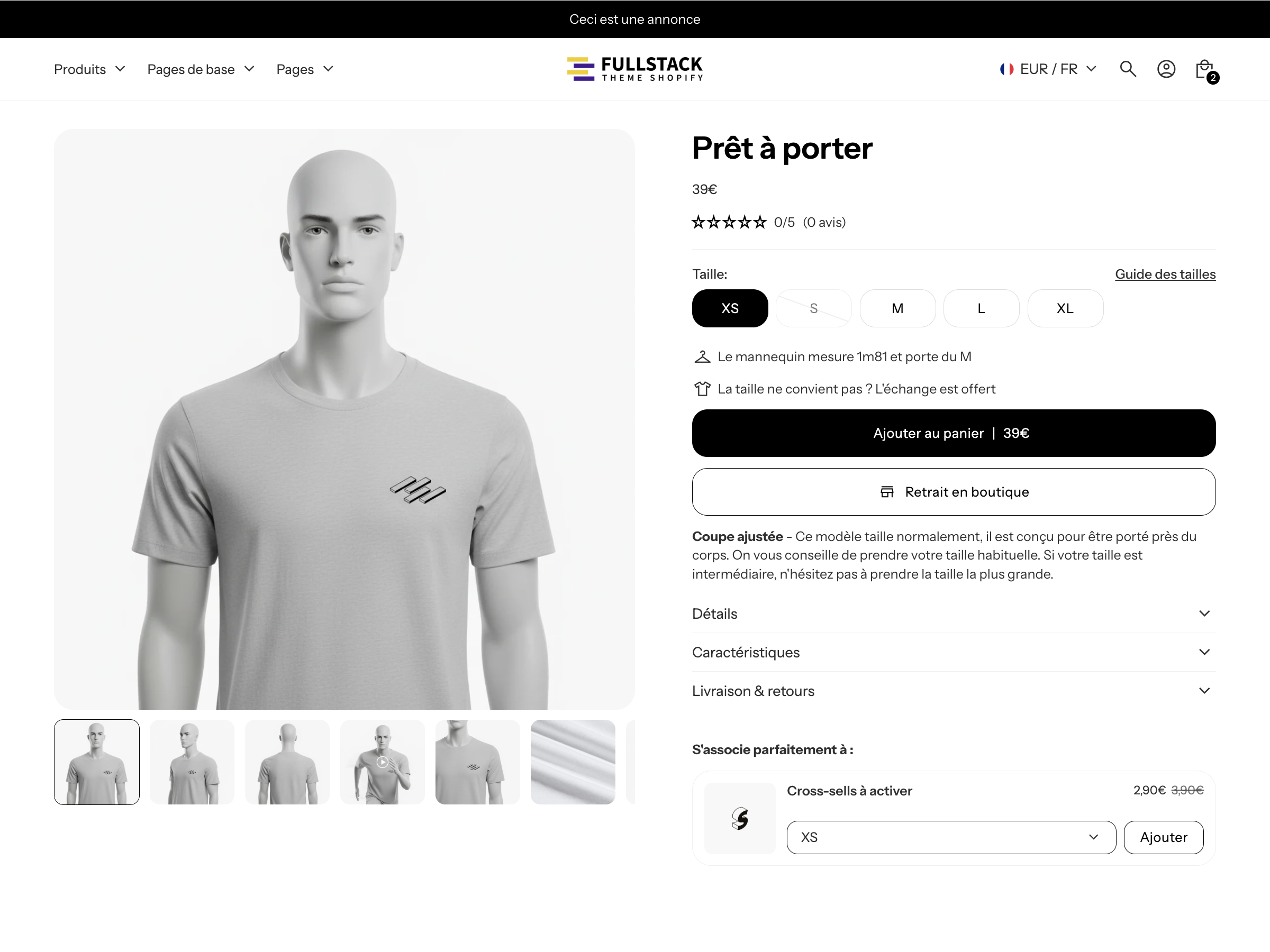 Mannequin portant un t-shirt gris clair avec un petit logo noir sur la poitrine gauche.