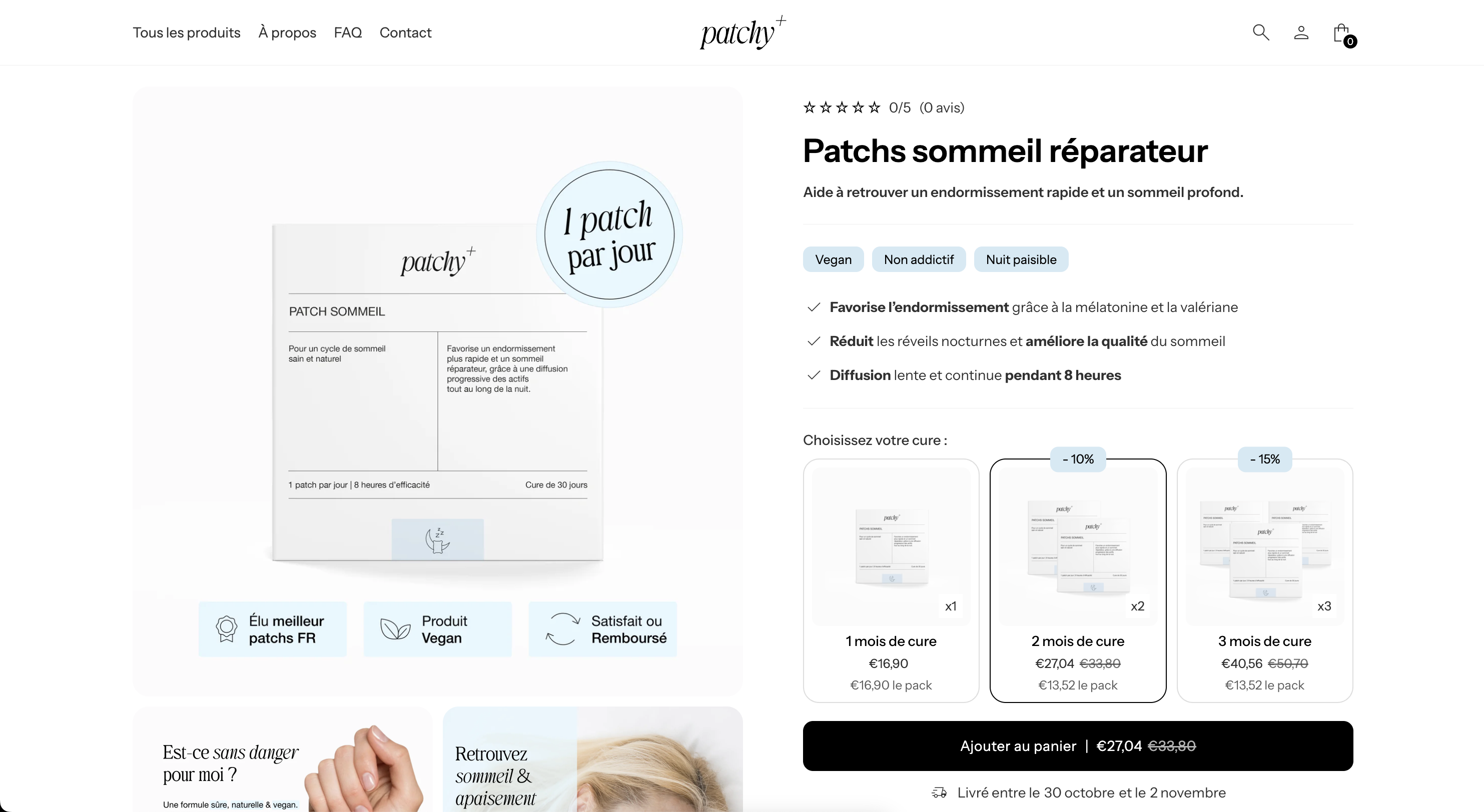 Boîte de patch sommeil Patchy avec texte indiquant un patch par jour, accompagnée des avantages comme favorise l'endormissement, réduit les réveils nocturnes, diffusion pendant 8 heures, options d'achat pour 1, 2 ou 3 mois avec réductions.