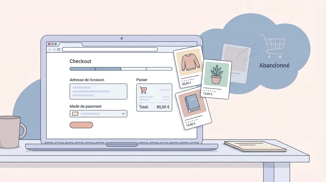 Illustration of an e-commerce checkout screen with products leaving the cart, symbolizing cart abandonment