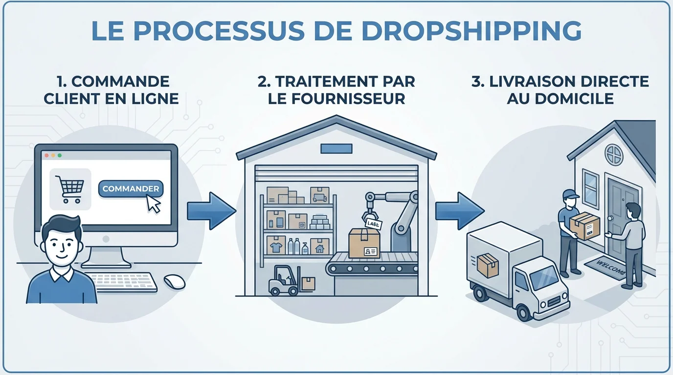 Diagram showing how dropshipping works in three steps: customer order, forwarding to the supplier, direct delivery