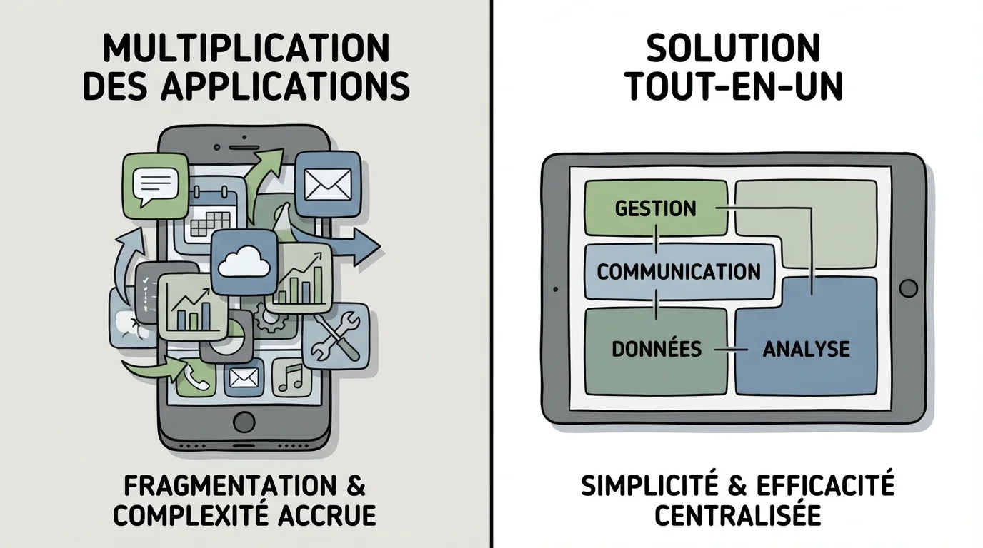 Visual comparison between stacking multiple third-party apps and a single integrated all-in-one solution