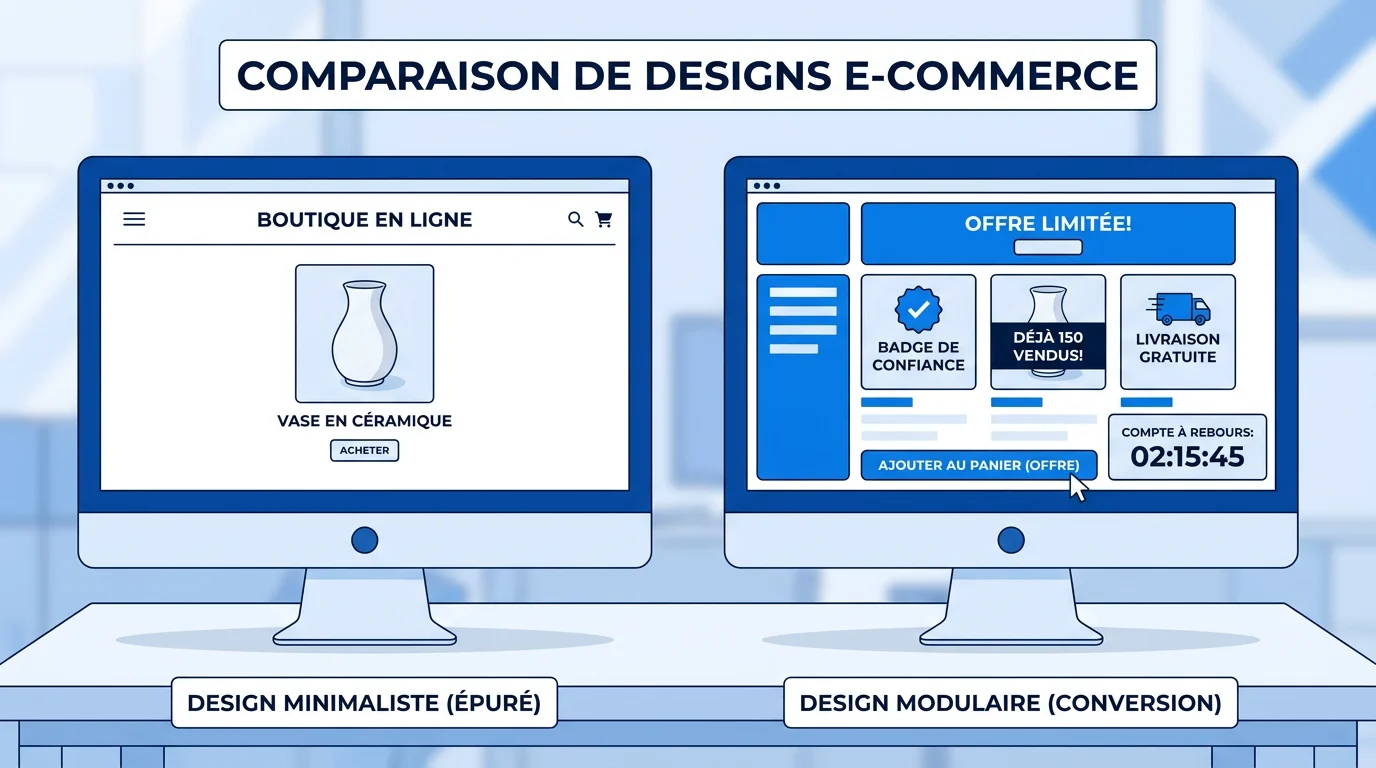 Illustration comparing two Shopify theme approaches: minimalism vs. modular all-in-one