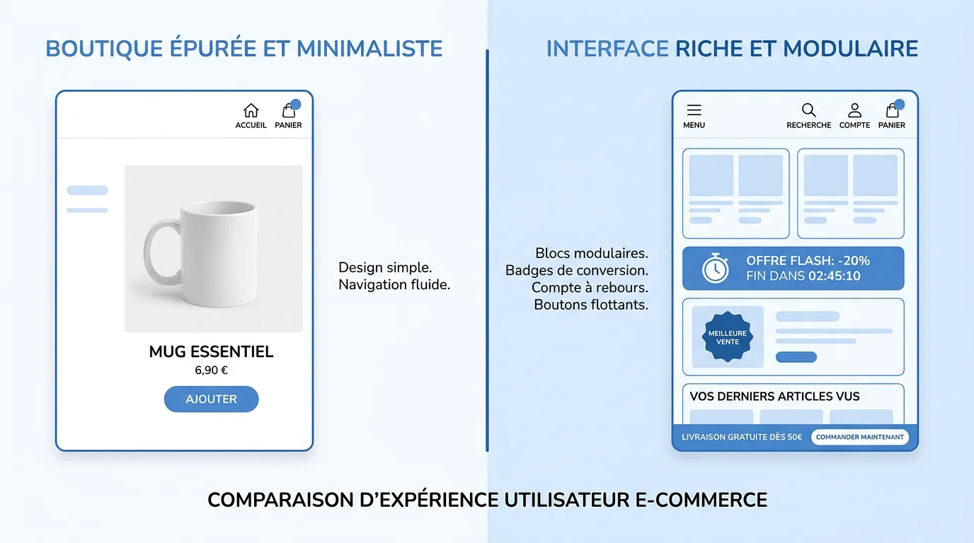 Illustration comparing two Shopify theme philosophies: minimalist approach vs. all-in-one approach