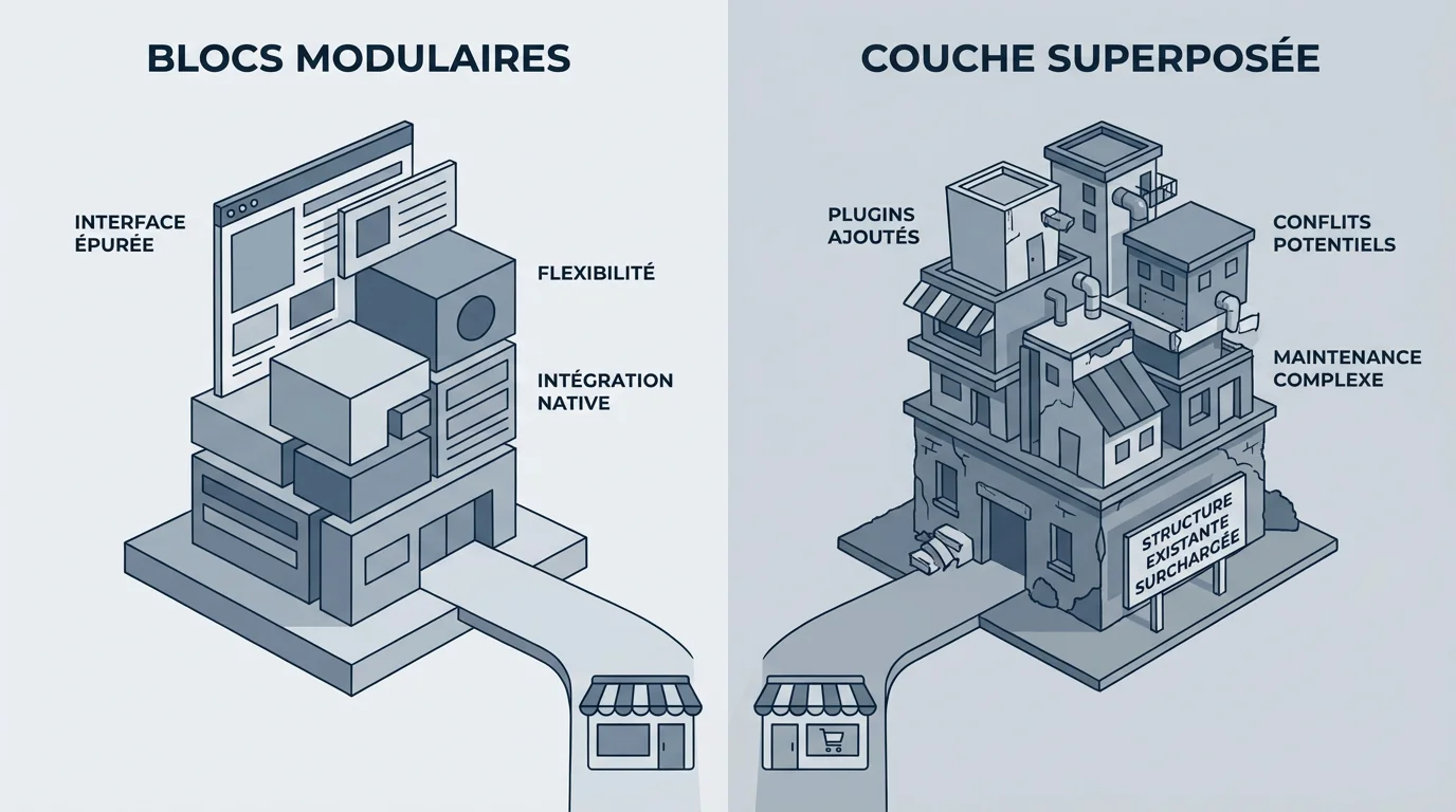 Illustration comparing two ways to build a Shopify store: an integrated native theme and an external page builder